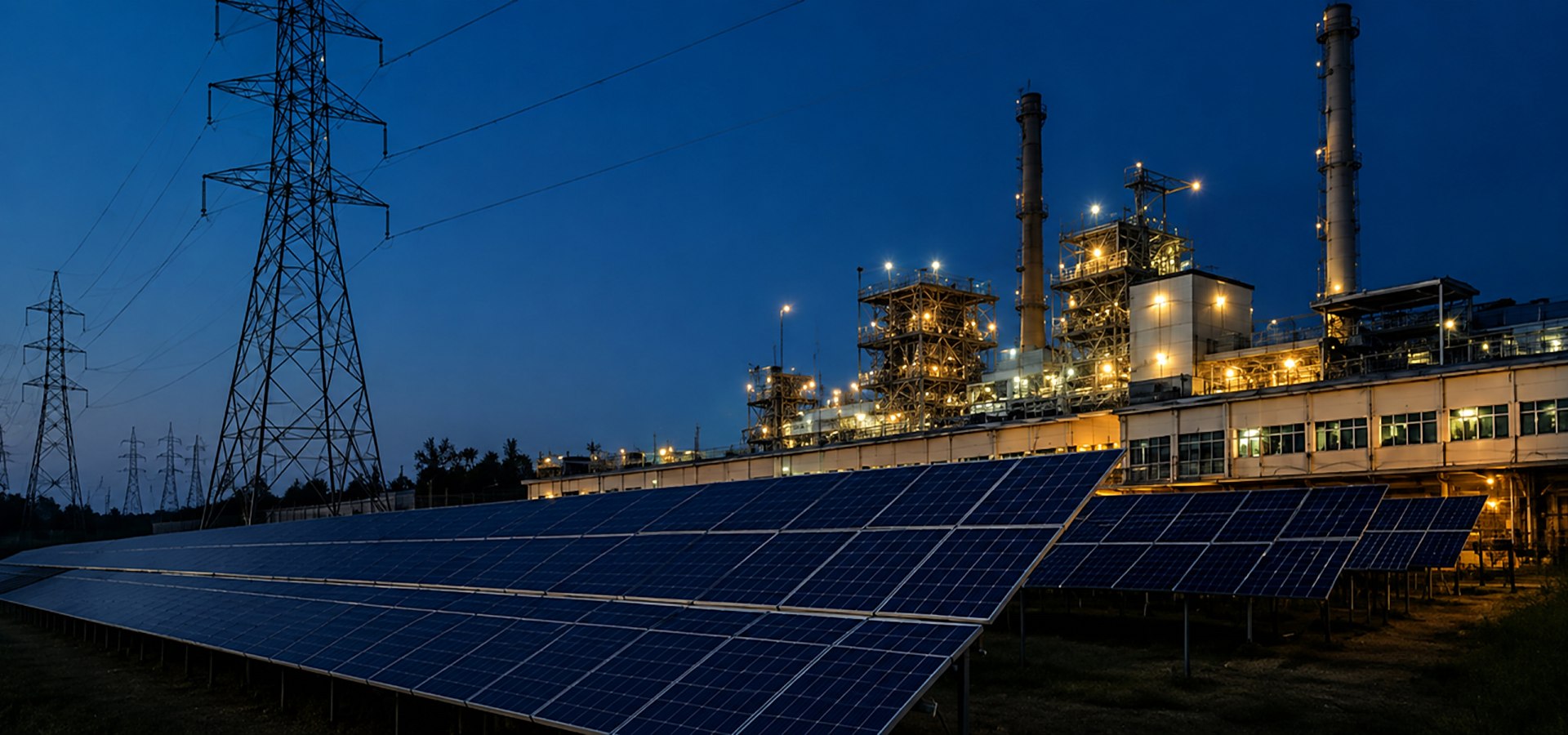 Industrial power plant illuminated at dusk with solar panels in foreground