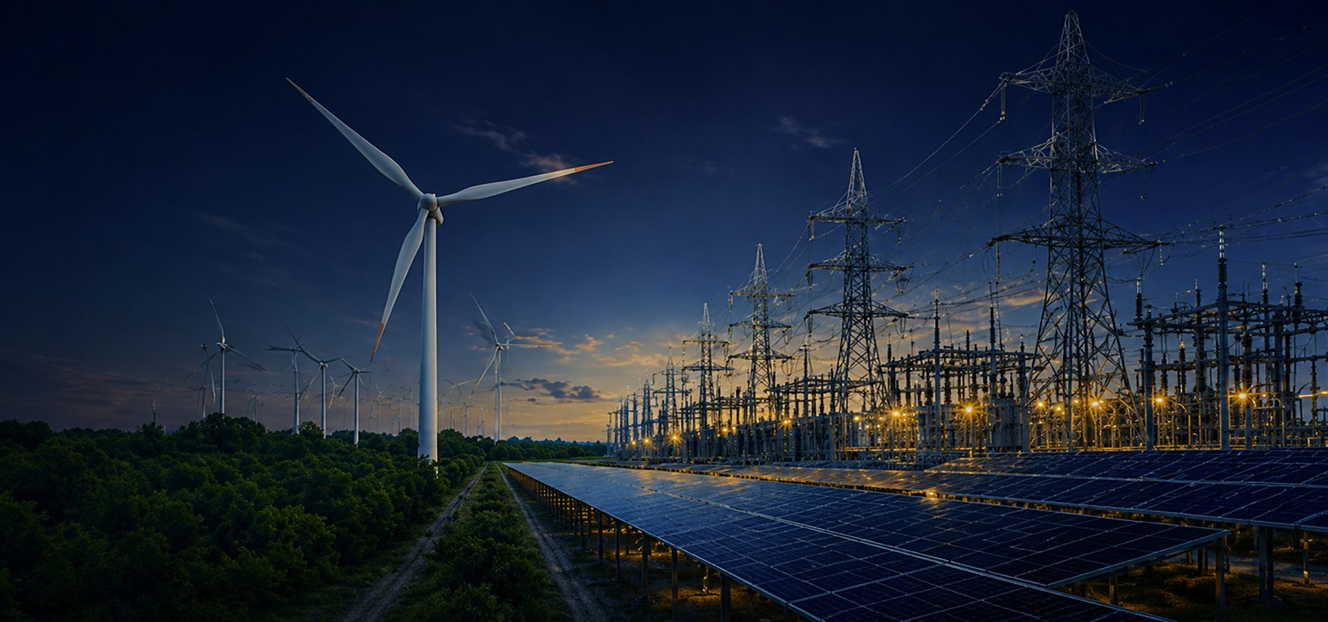 Electrical substation and wind turbines at dusk