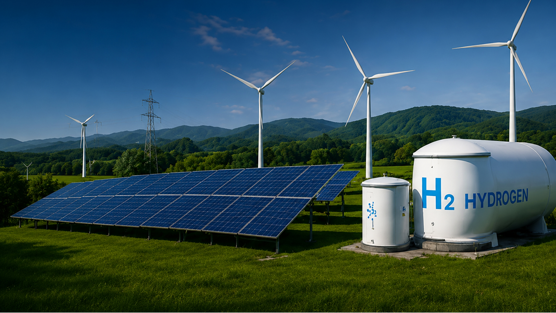 Solar array with wind turbines and hydrogen storage tank on a green landscape
