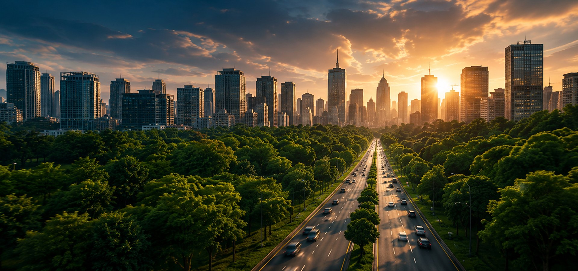 City skyline at sunset with highway leading into downtown
