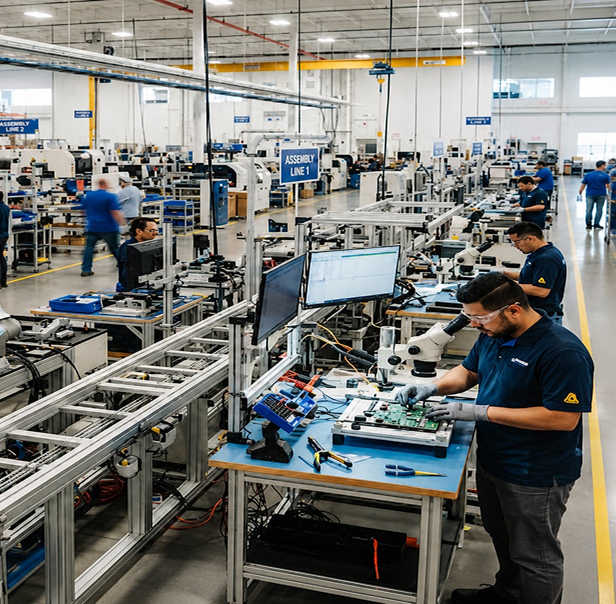Technicians assembling electrical components on a factory floor