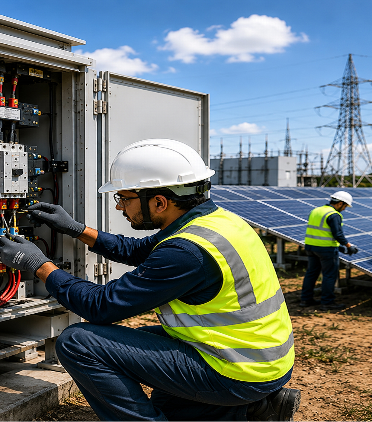Field technician in safety gear inspecting solar panels near power lines