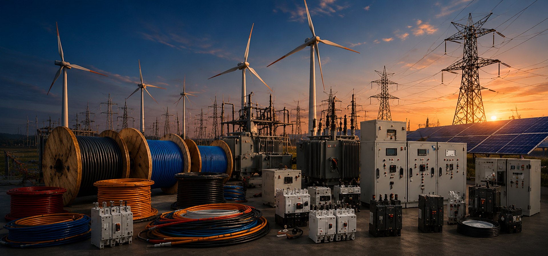 BGM technicians working in an electrical substation at sunset