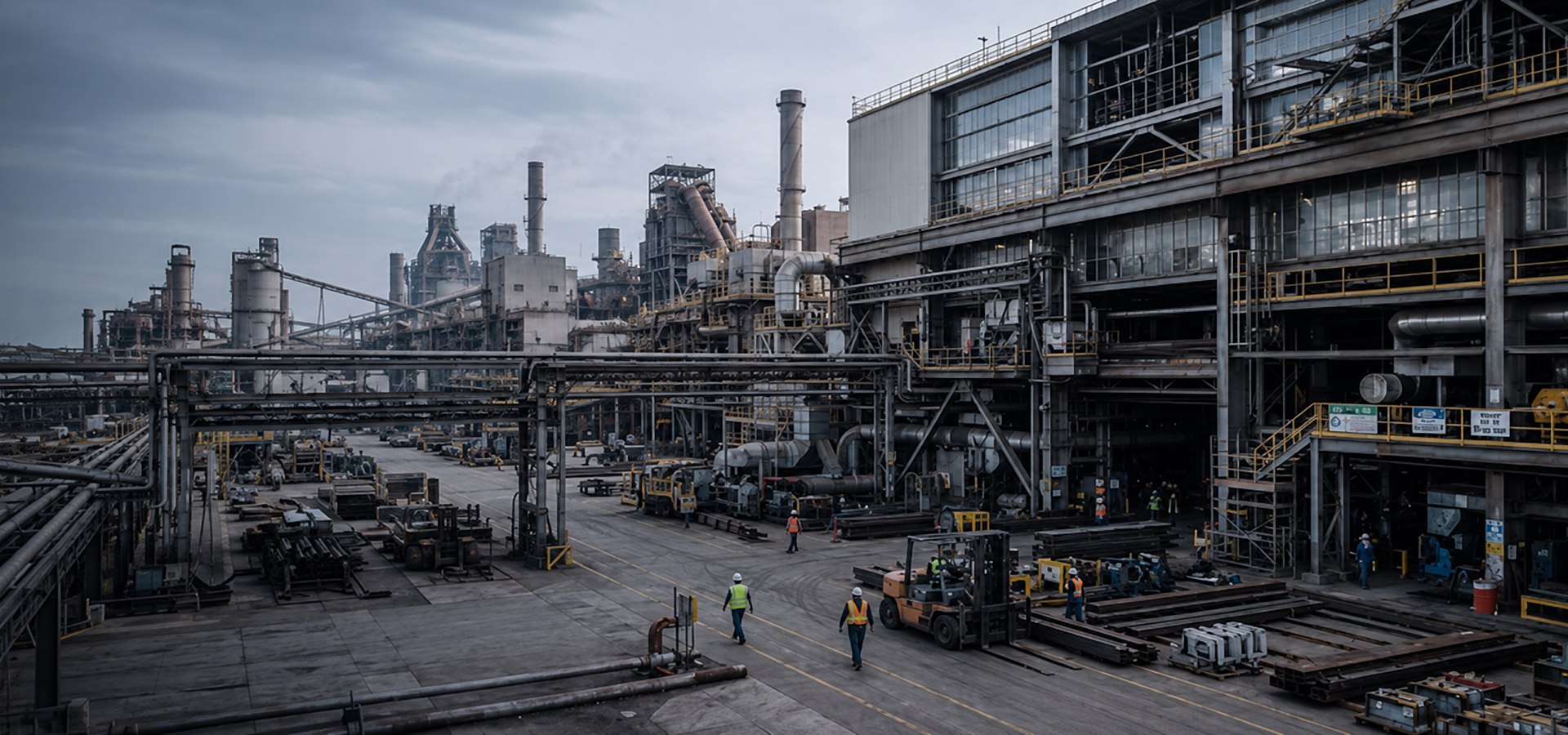 Industrial steel plant with workers on site