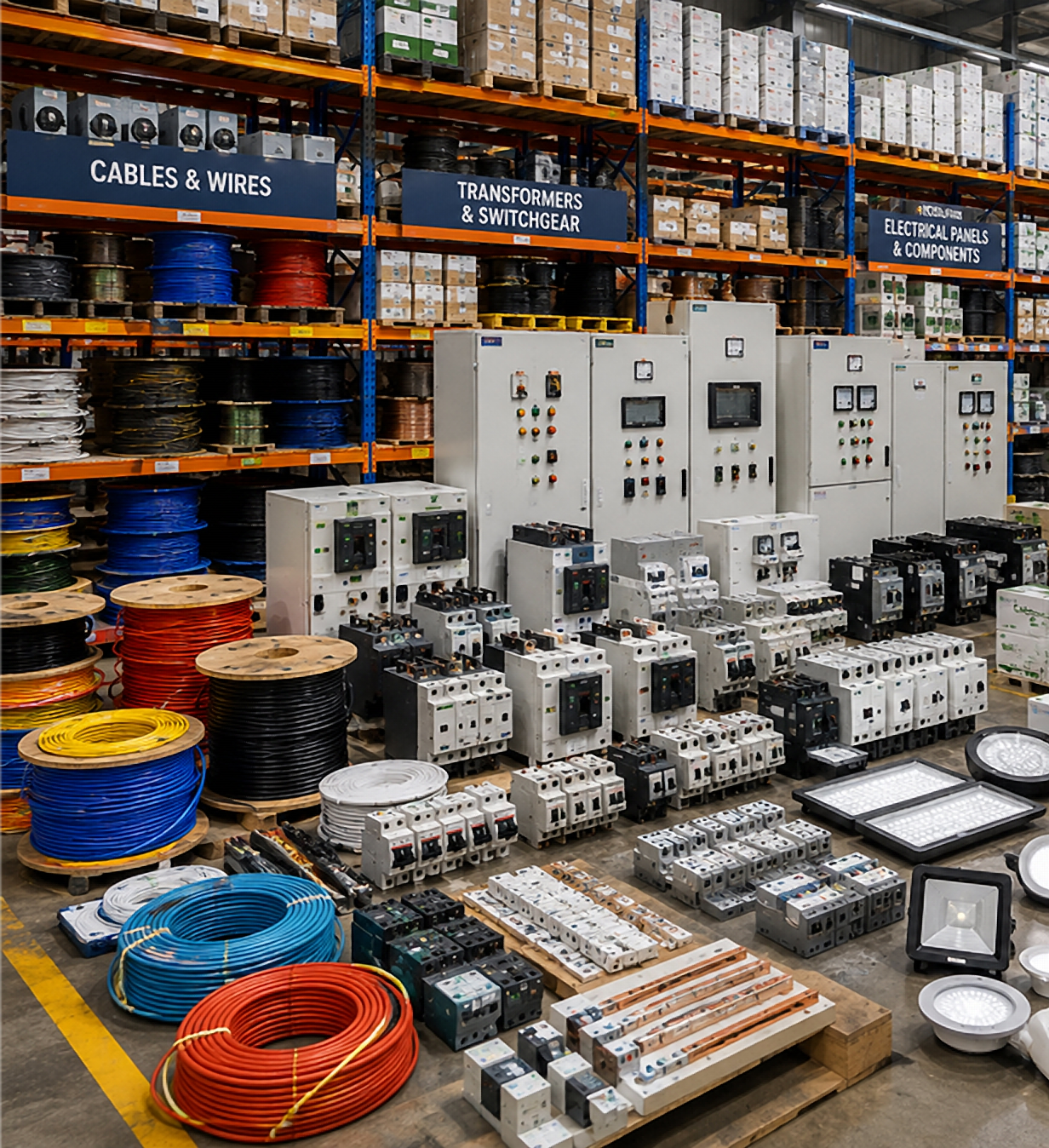 Warehouse stocked with electrical cables and components