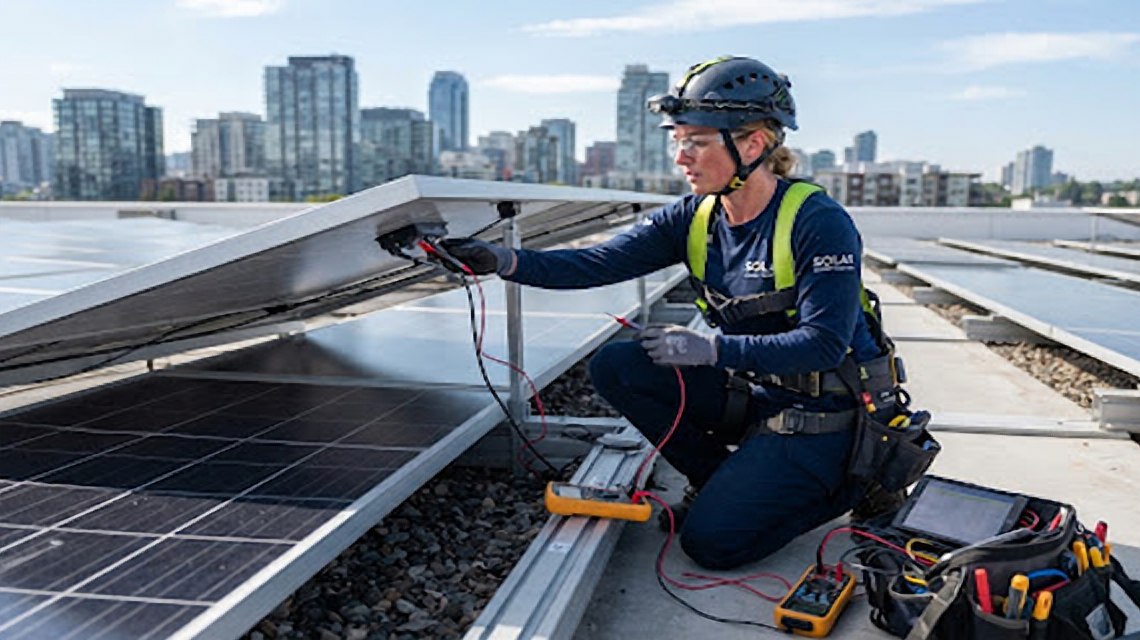 Field technician checking solar panels with power lines in the background