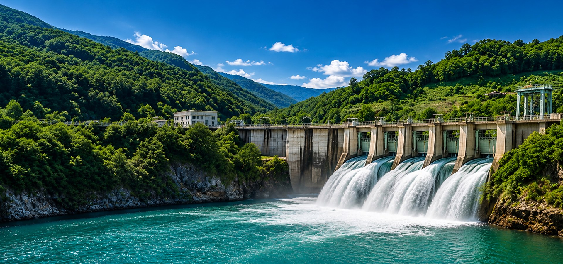 Hydroelectric dam releasing water through spillways in a green valley