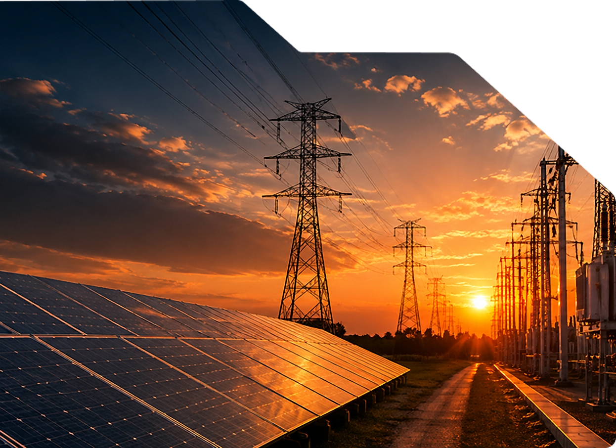 Wind turbine and solar panels at sunset